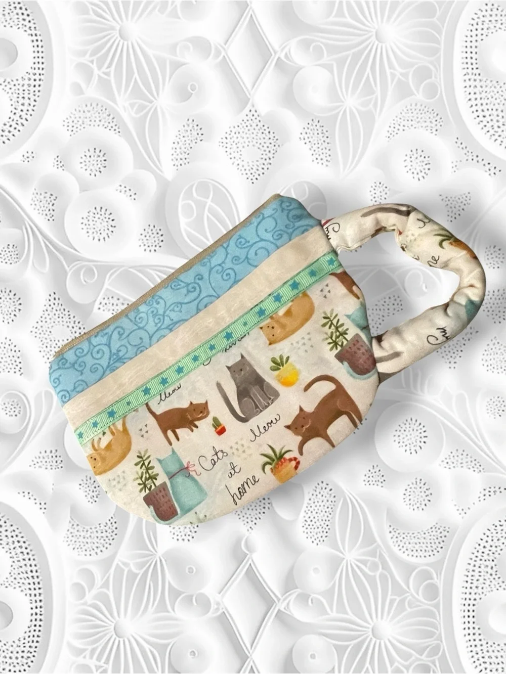 Teacup Pouch Cat Print Quilted Pouch in Blue and Cream